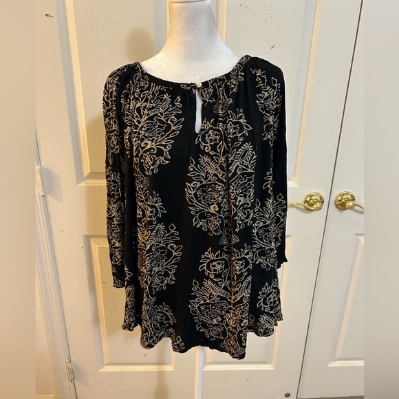 Lucky Brand black and tan peasant top, 1X - Picture 1 of 5